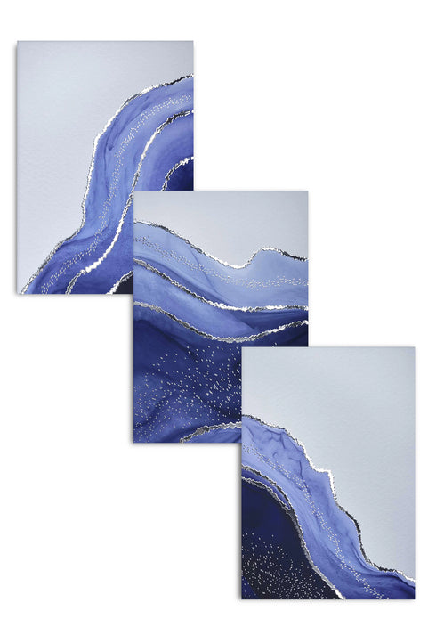Conjunto de 3 Pósters de Ágata Azul Acuarela de Plata Real 50x70cm